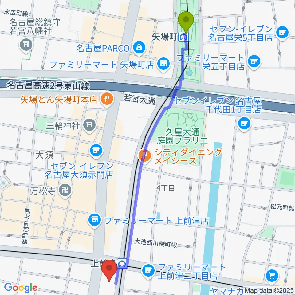 矢場町駅から名古屋マーブルレコードへのルートマップ地図