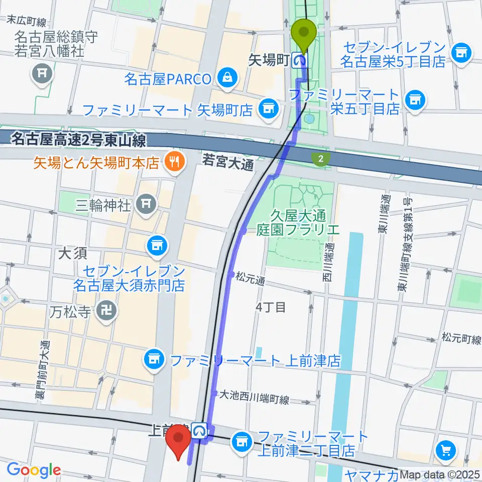 矢場町駅から名古屋マーブルレコードへのルートマップ地図