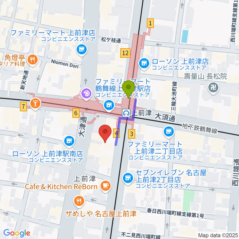 名古屋マーブルレコードの最寄駅上前津駅からの徒歩ルート（約2分）地図