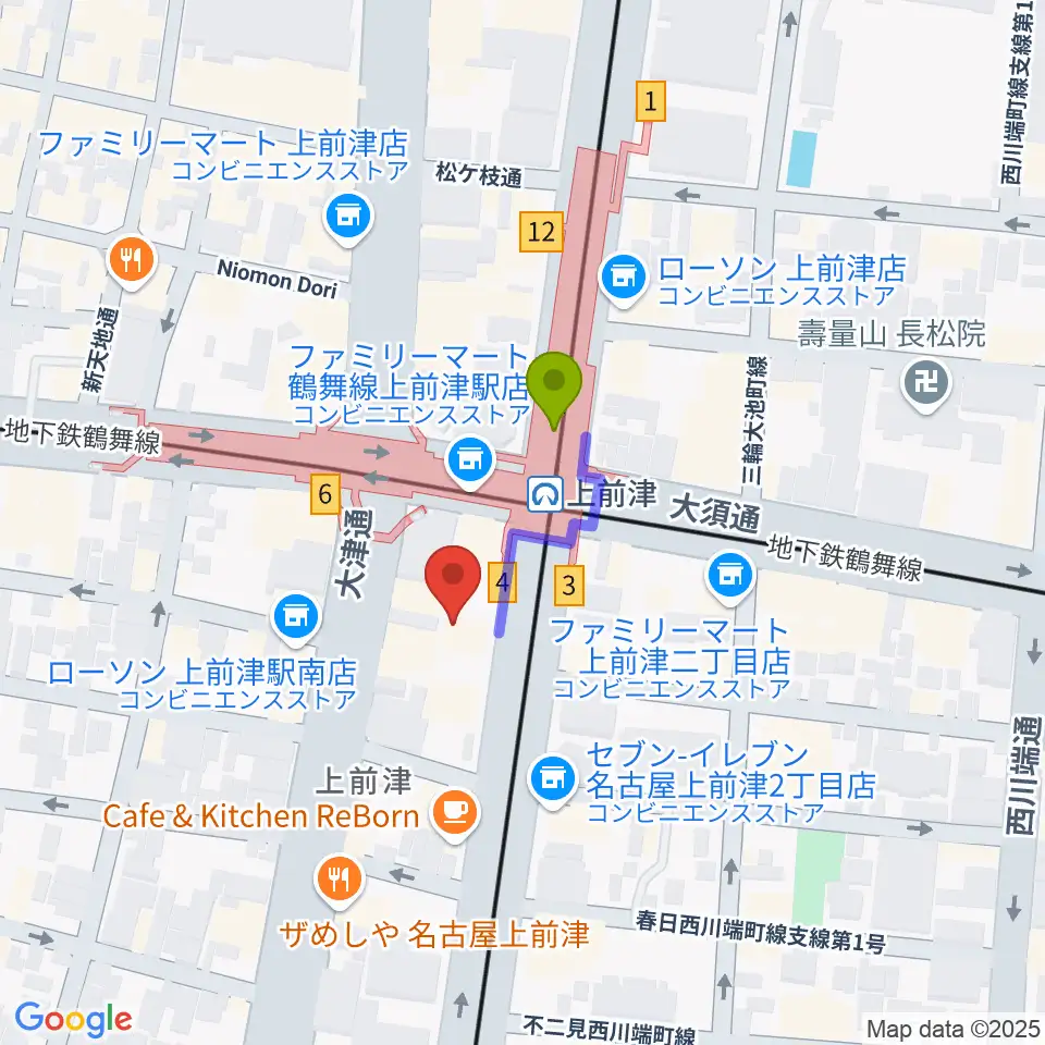 名古屋マーブルレコードの最寄駅上前津駅からの徒歩ルート（約2分）地図