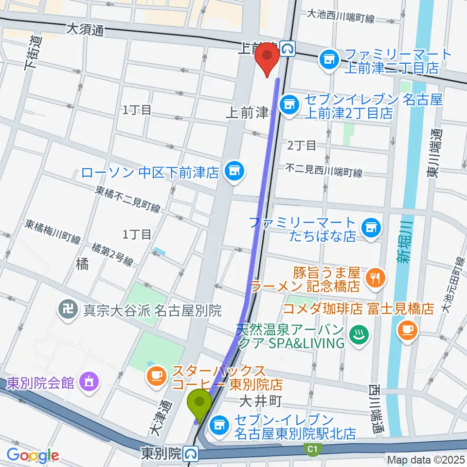 東別院駅から名古屋マーブルレコードへのルートマップ地図