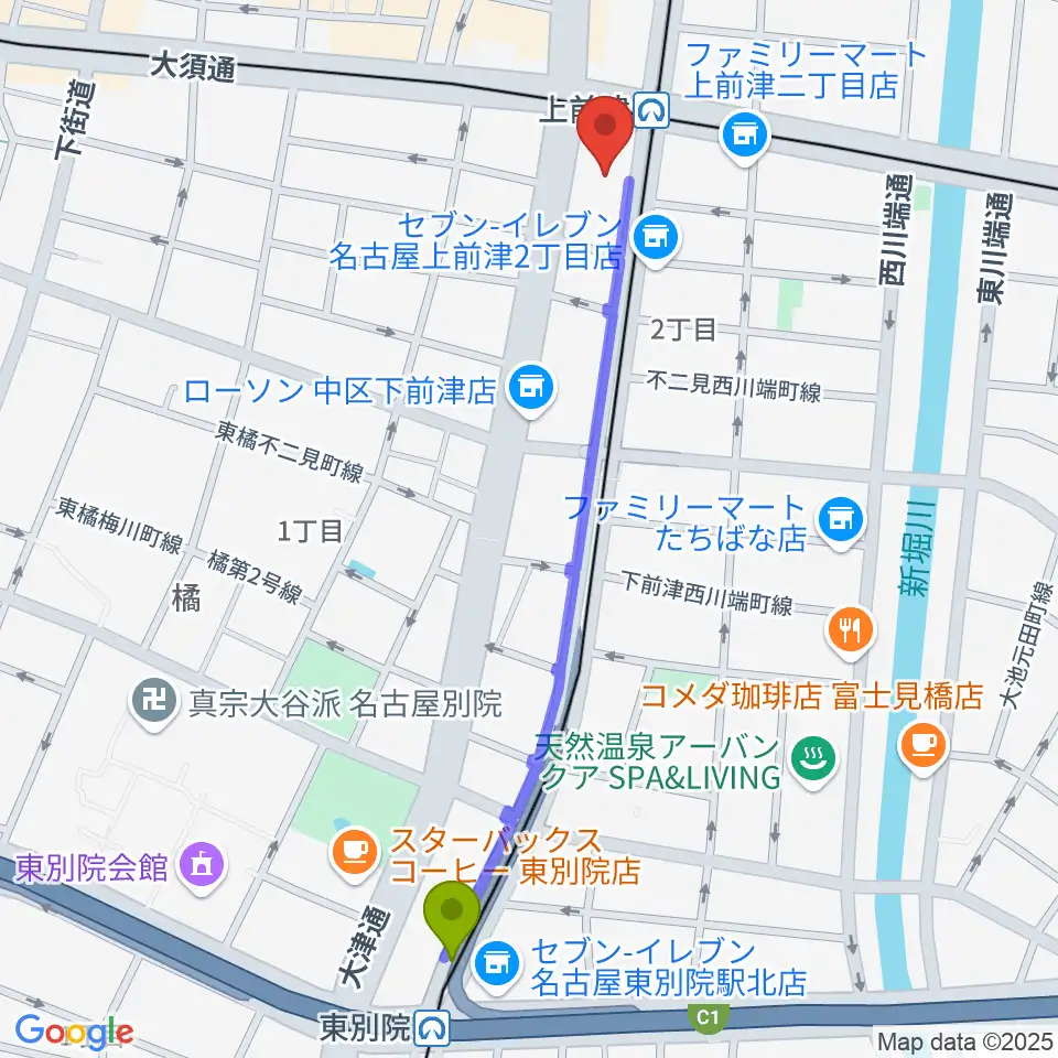 東別院駅から名古屋マーブルレコードへのルートマップ地図
