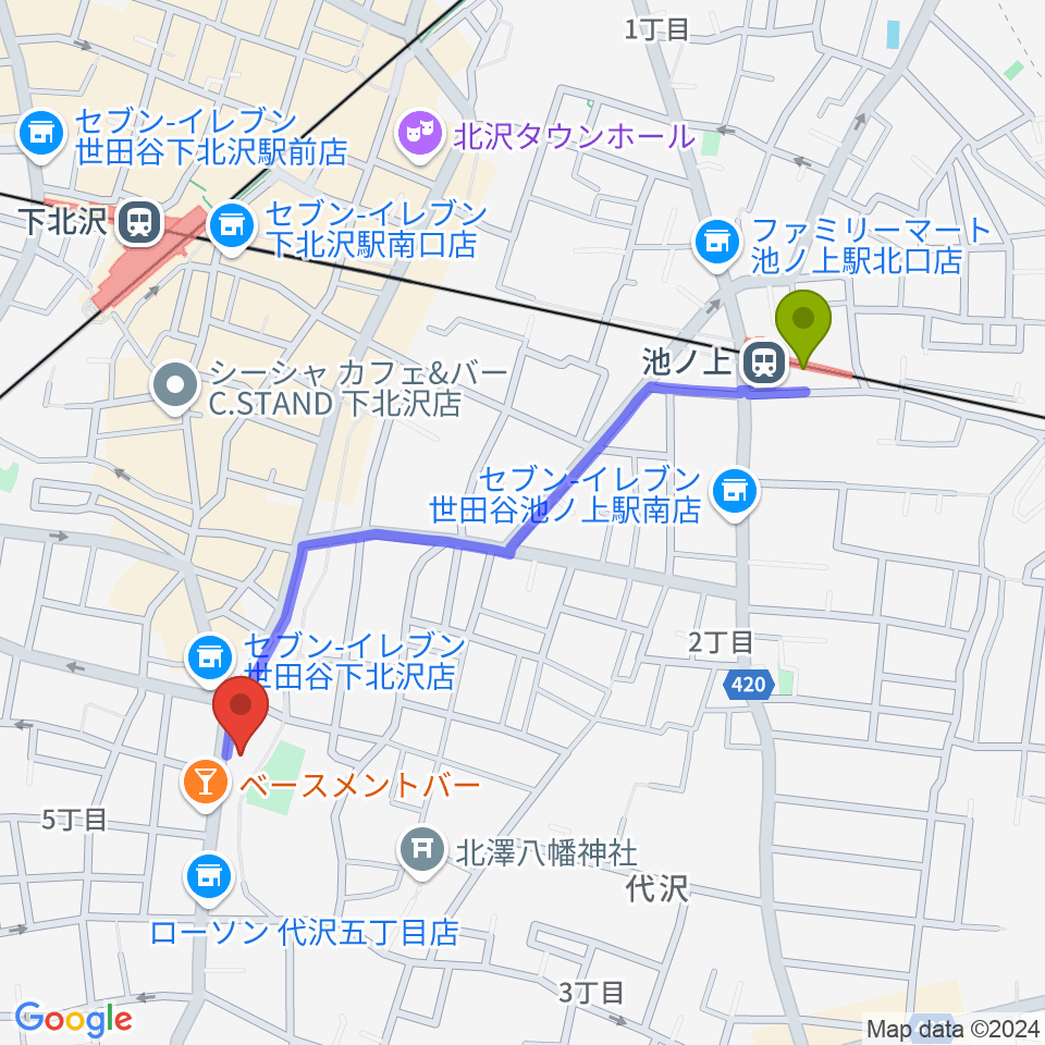 池ノ上駅からスタジオベイド下北沢店へのルートマップ地図