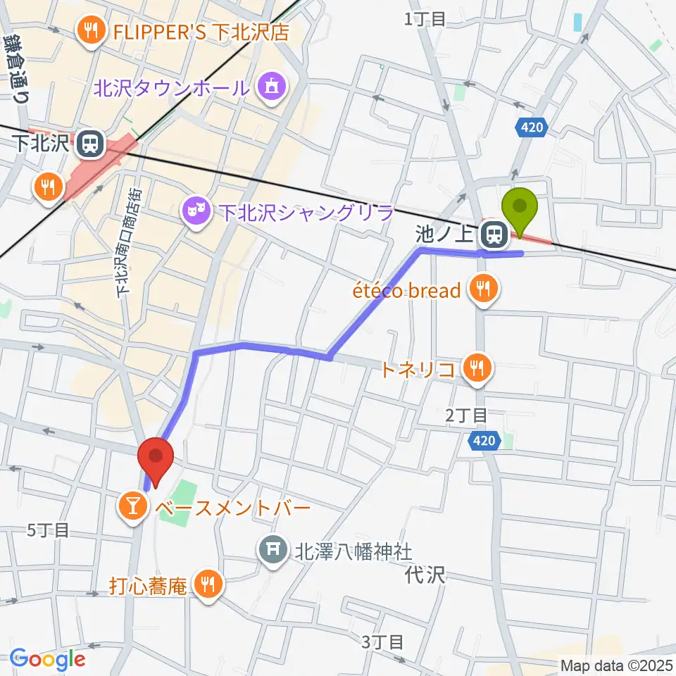 池ノ上駅からスタジオベイド下北沢店へのルートマップ地図