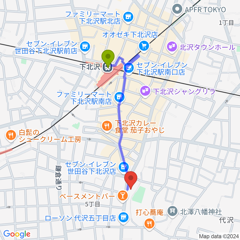 スタジオベイド下北沢店の最寄駅下北沢駅からの徒歩ルート（約8分）地図