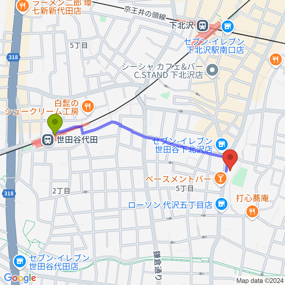 世田谷代田駅からスタジオベイド下北沢店へのルートマップ地図