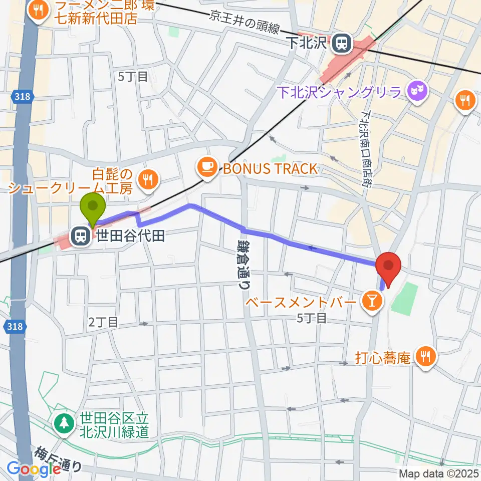 世田谷代田駅からスタジオベイド下北沢店へのルートマップ地図