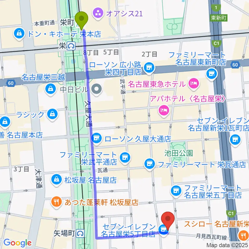 栄町駅から名古屋栄シアターZONEへのルートマップ地図