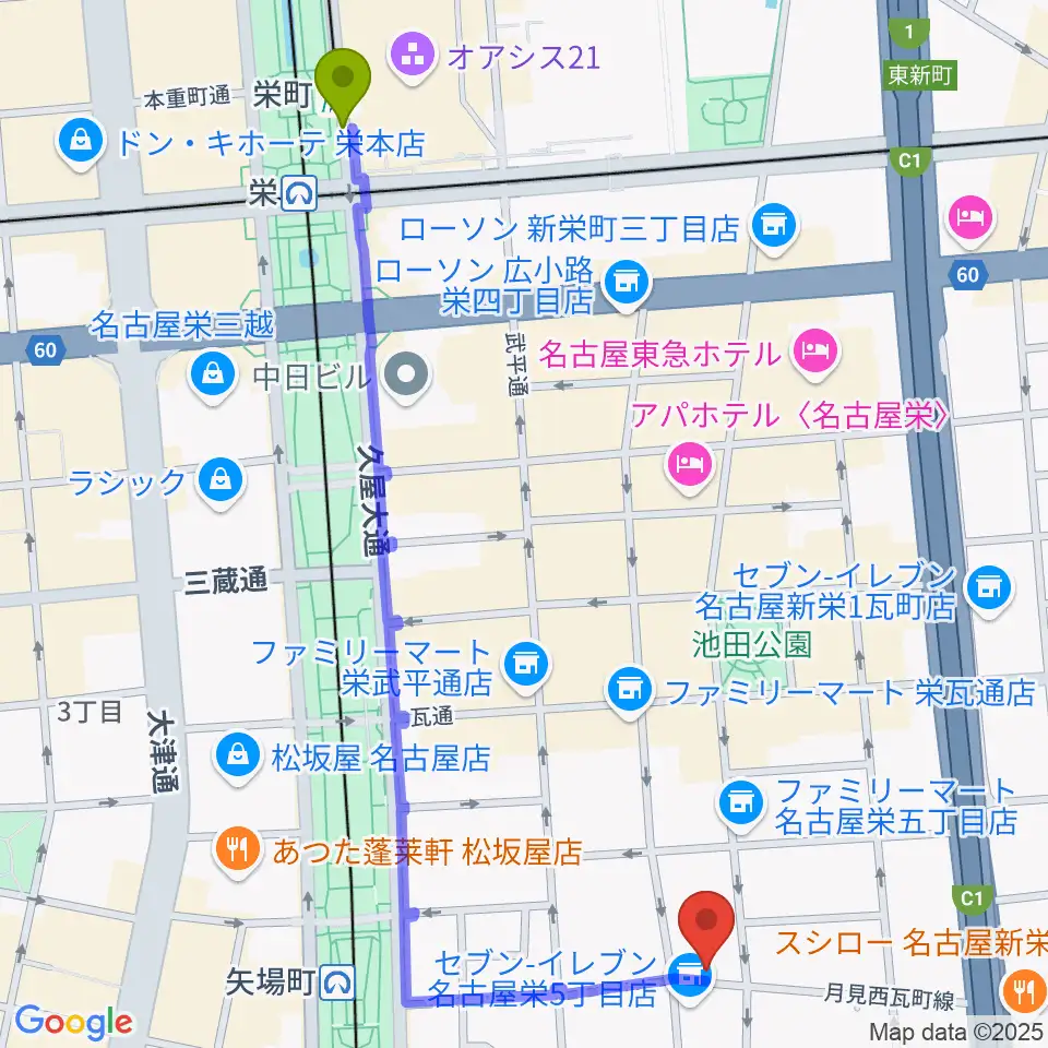 栄町駅から名古屋栄シアターZONEへのルートマップ地図