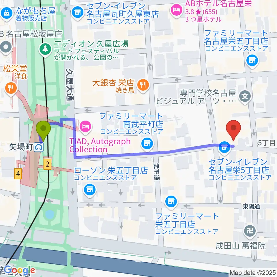 名古屋栄シアターZONEの最寄駅矢場町駅からの徒歩ルート（約5分）地図