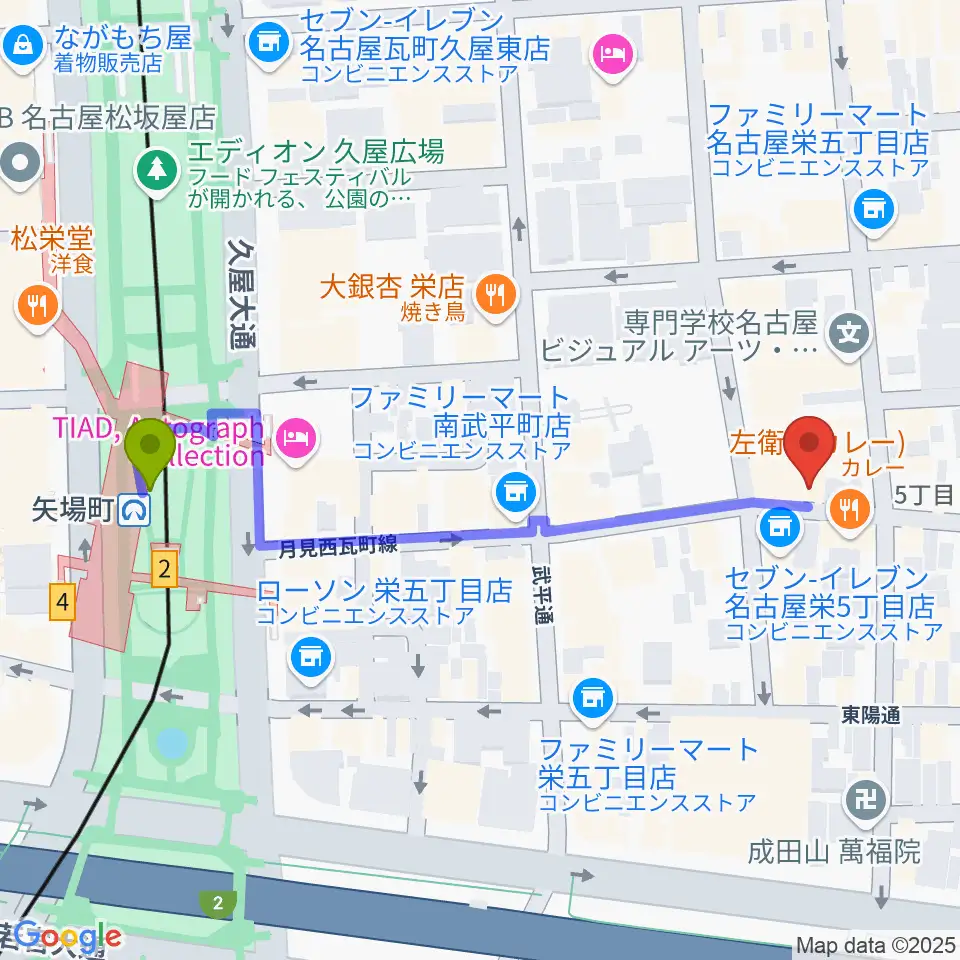 名古屋栄シアターZONEの最寄駅矢場町駅からの徒歩ルート（約5分）地図