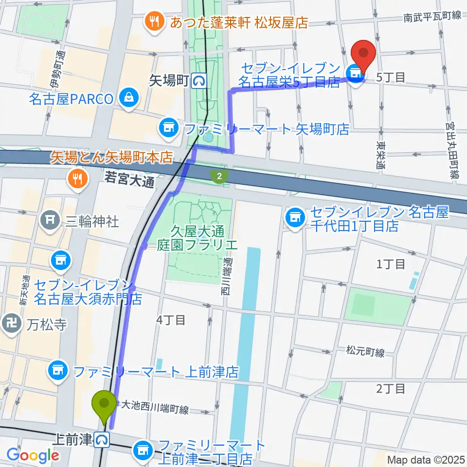 上前津駅から名古屋栄シアターZONEへのルートマップ地図
