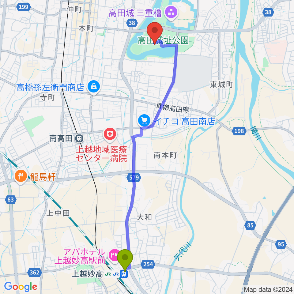 上越妙高駅から高田城址公園オーレンプラザへのルートマップ地図