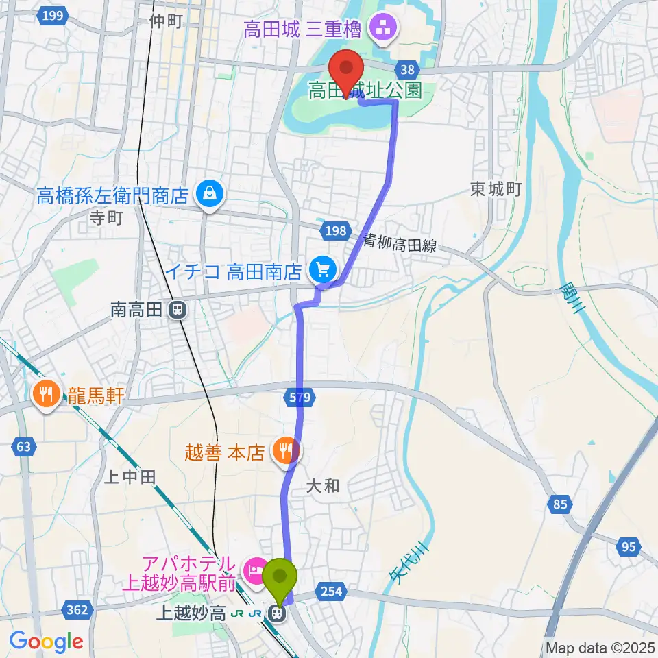 上越妙高駅から高田城址公園オーレンプラザへのルートマップ地図