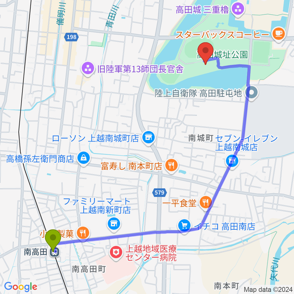 南高田駅から高田城址公園オーレンプラザへのルートマップ地図