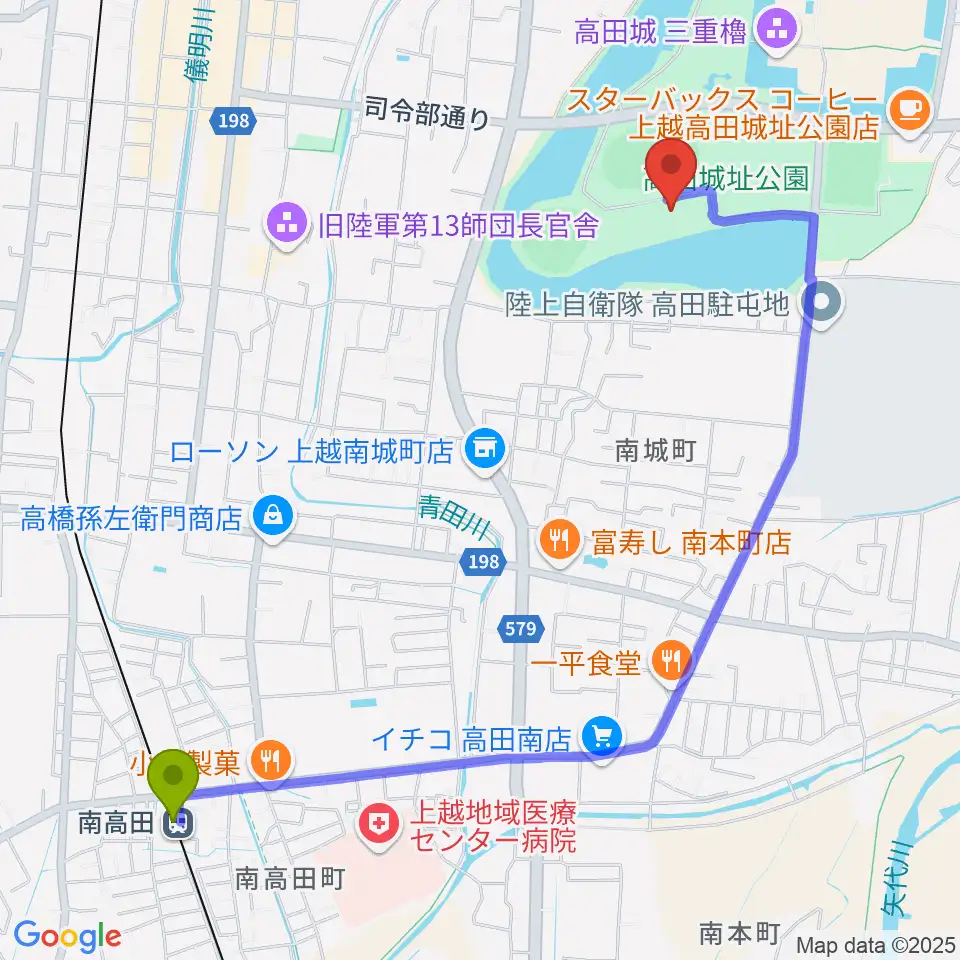 南高田駅から高田城址公園オーレンプラザへのルートマップ地図