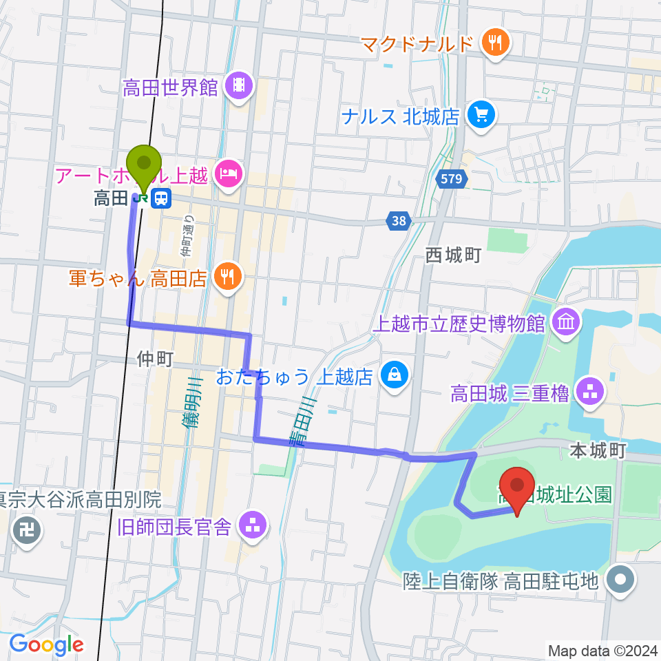 高田城址公園オーレンプラザの最寄駅高田駅からの徒歩ルート（約23分）地図