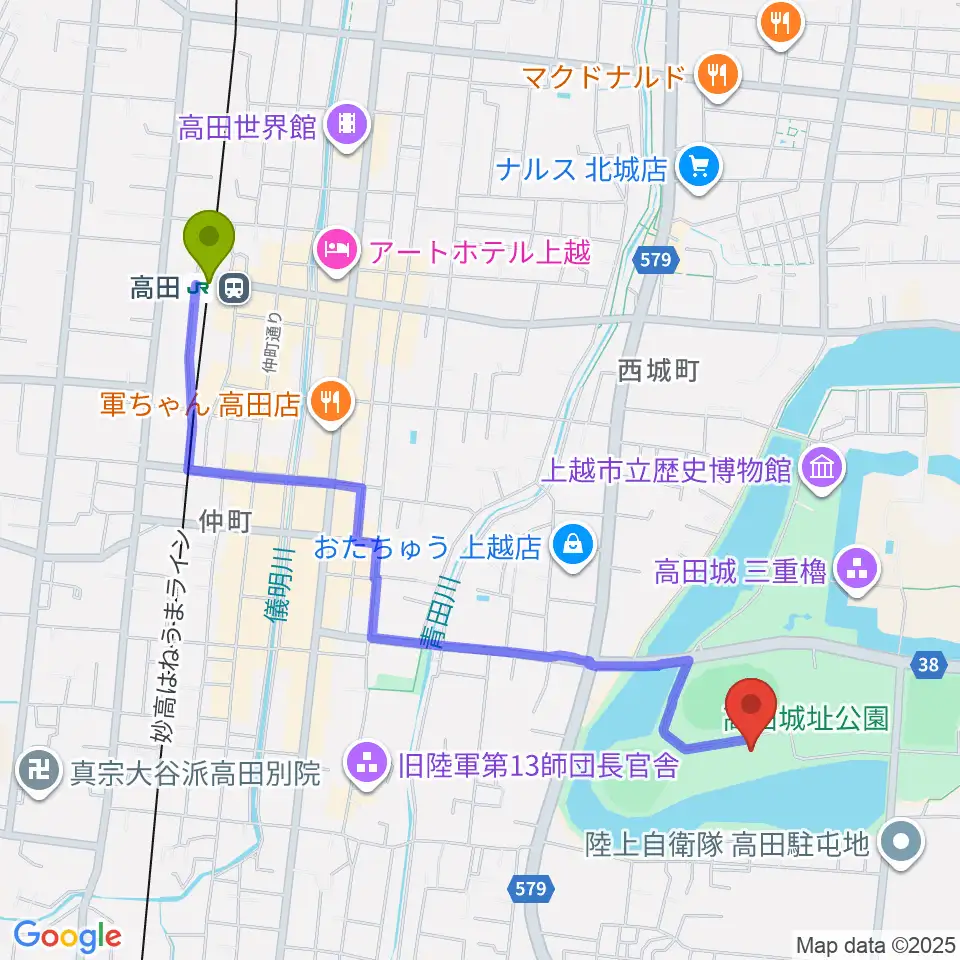 高田城址公園オーレンプラザの最寄駅高田駅からの徒歩ルート（約23分）地図