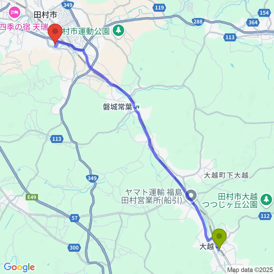 大越駅から田村市文化センターへのルートマップ地図