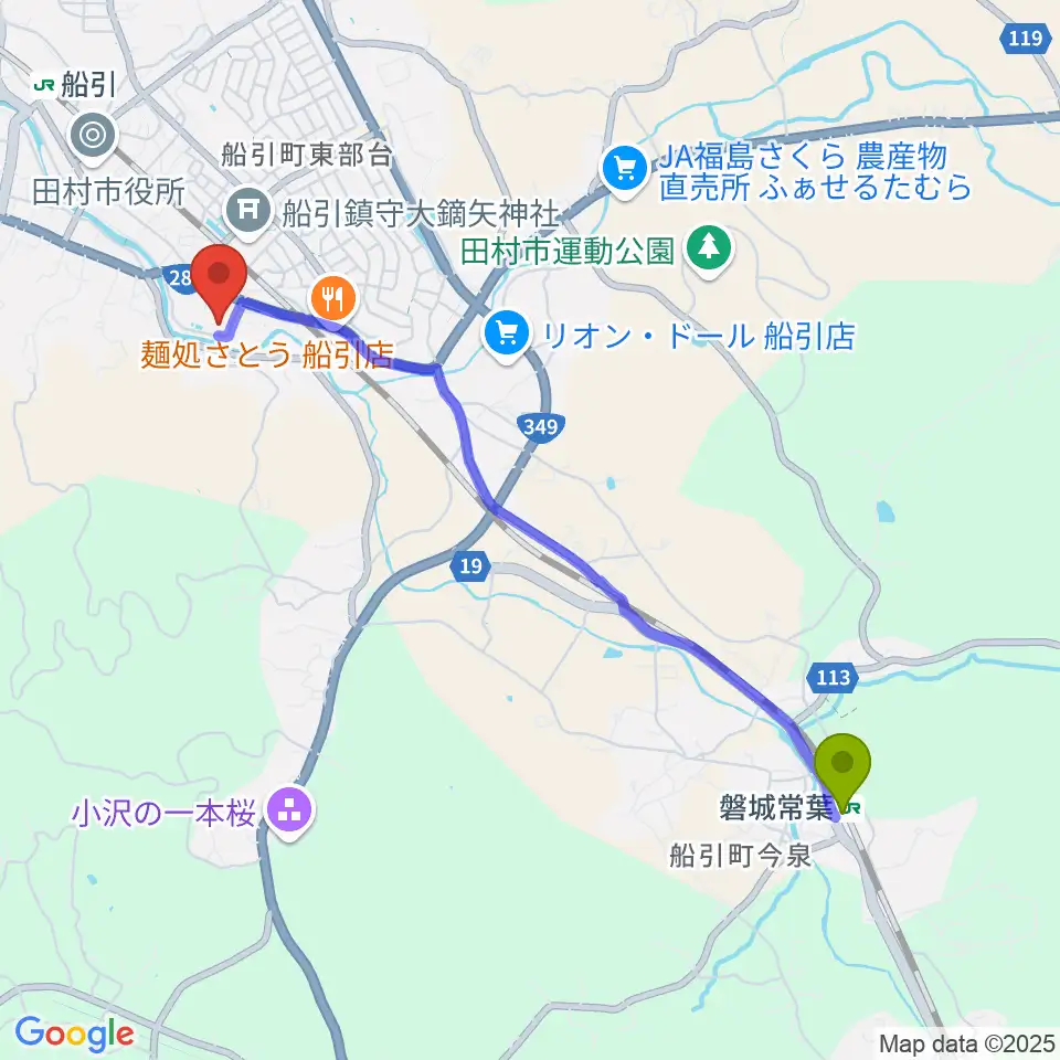 磐城常葉駅から田村市文化センターへのルートマップ地図