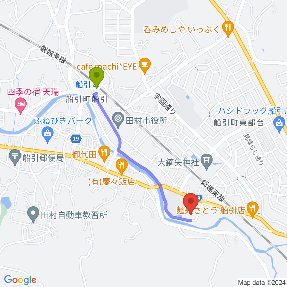田村市文化センターの最寄駅船引駅からの徒歩ルート（約17分）地図