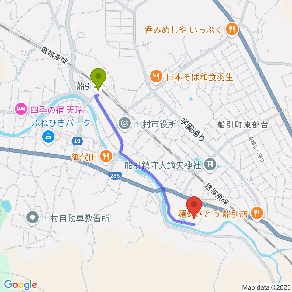 田村市文化センターの最寄駅船引駅からの徒歩ルート（約17分）地図