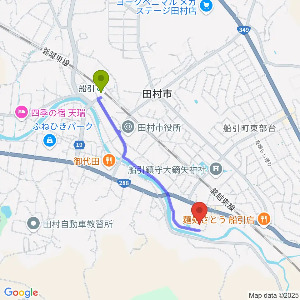 田村市文化センターの最寄駅船引駅からの徒歩ルート（約17分）地図