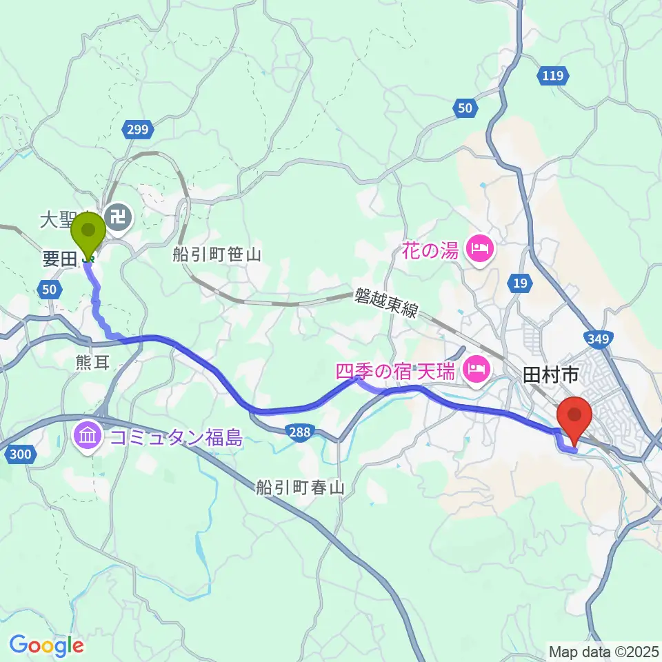 要田駅から田村市文化センターへのルートマップ地図