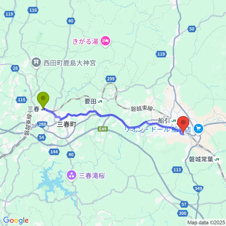 三春駅から田村市文化センターへのルートマップ地図
