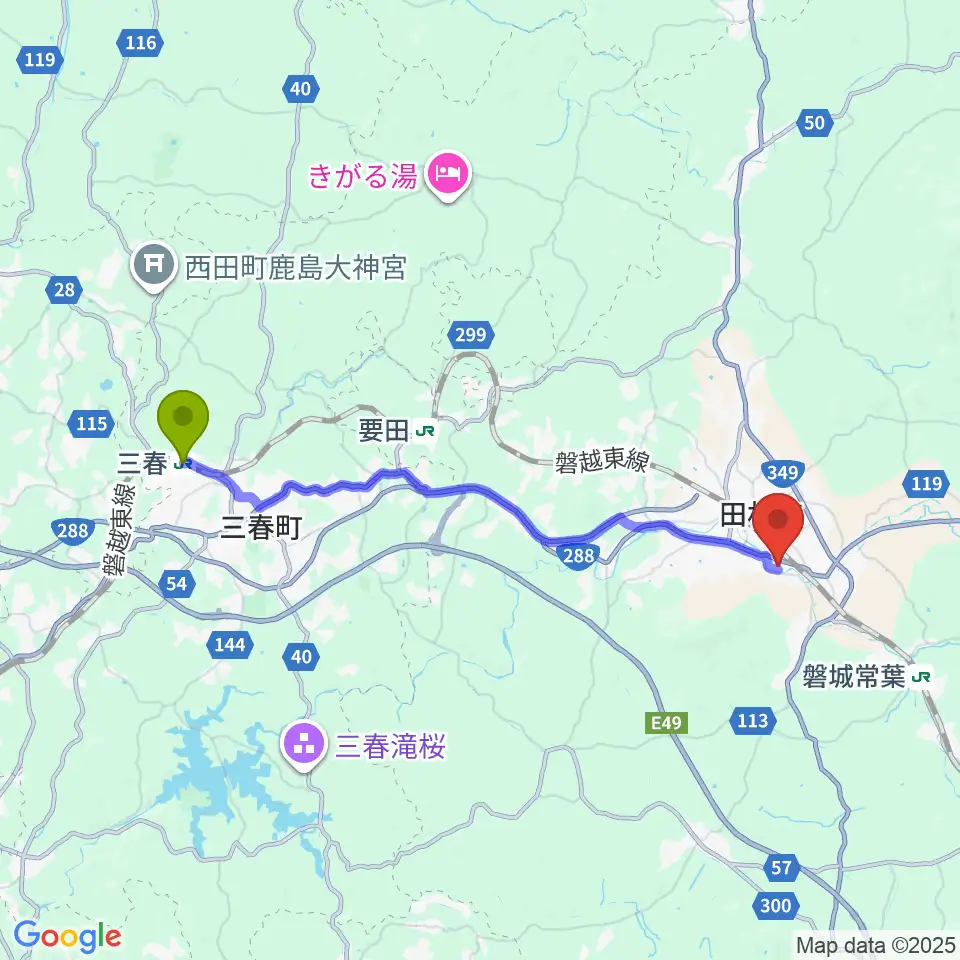 三春駅から田村市文化センターへのルートマップ地図