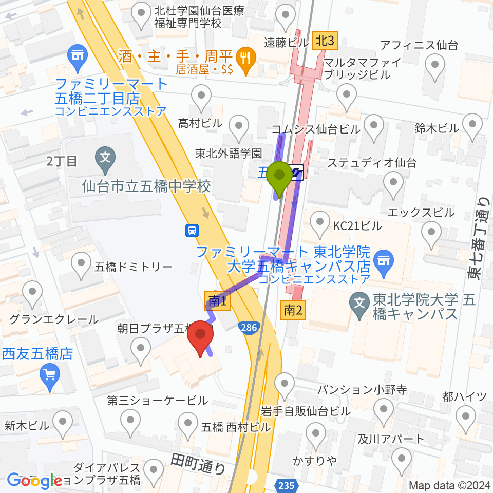 仙台市福祉プラザの最寄駅五橋駅からの徒歩ルート（約3分）地図
