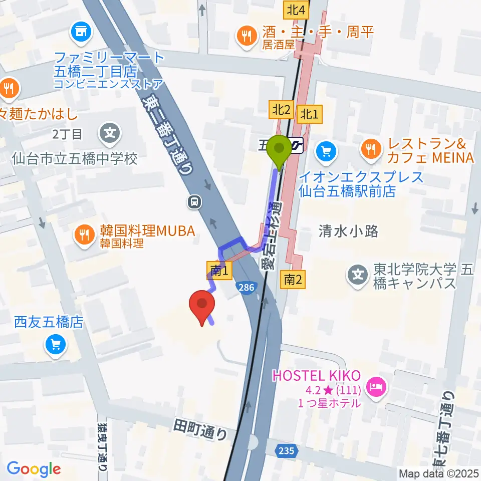仙台市福祉プラザの最寄駅五橋駅からの徒歩ルート（約3分）地図