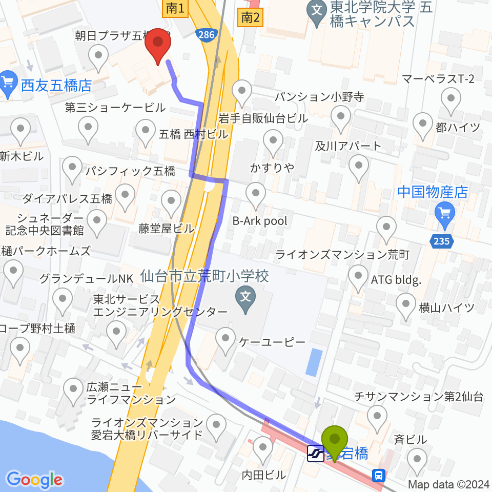 愛宕橋駅から仙台市福祉プラザへのルートマップ地図