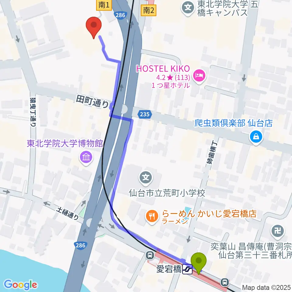 愛宕橋駅から仙台市福祉プラザへのルートマップ地図