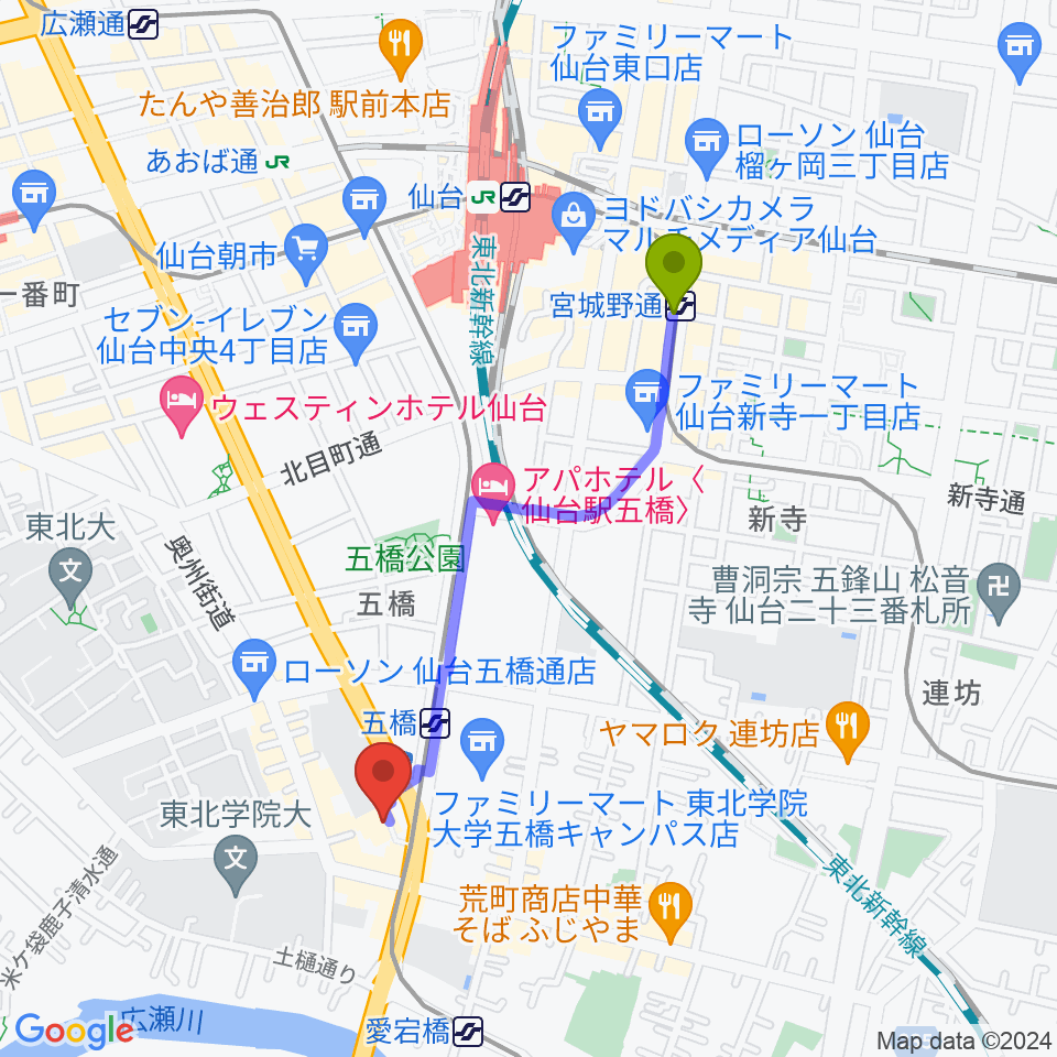 宮城野通駅から仙台市福祉プラザへのルートマップ地図