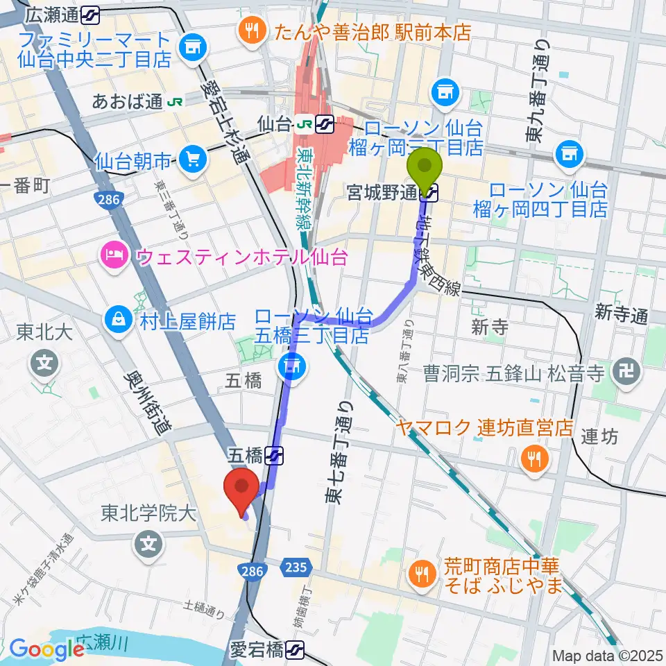 宮城野通駅から仙台市福祉プラザへのルートマップ地図