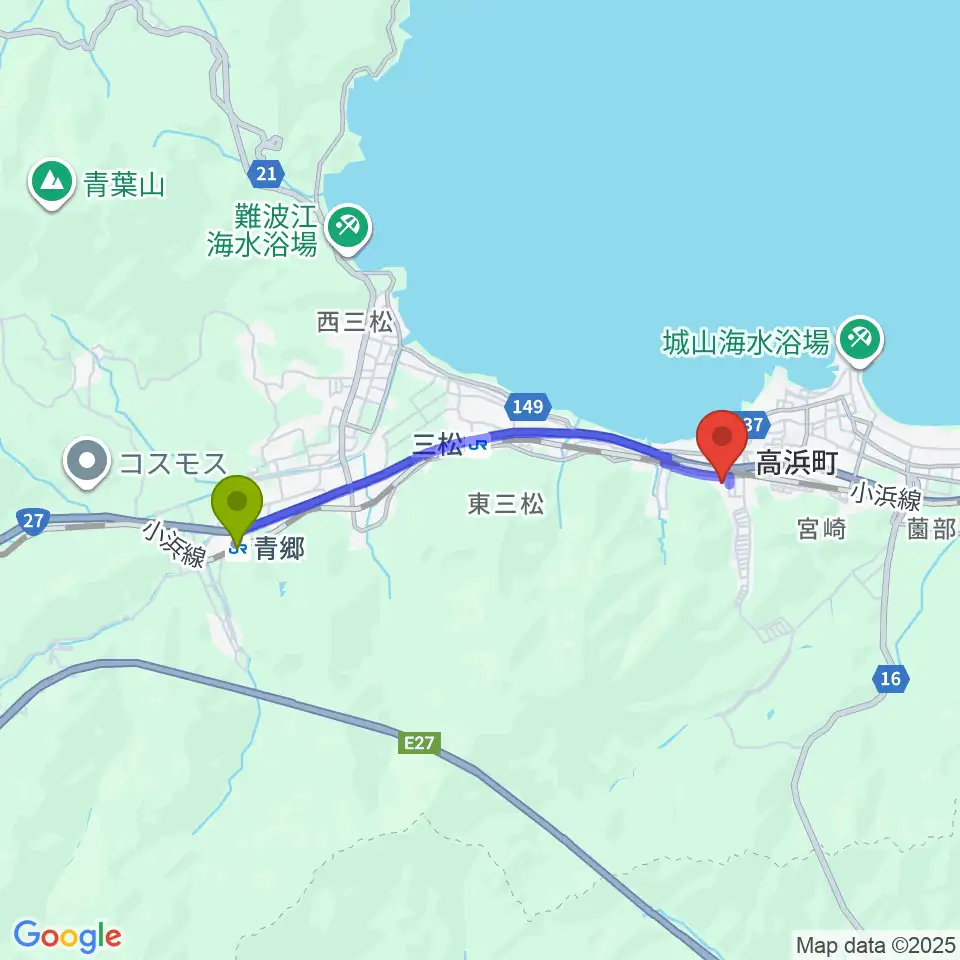 青郷駅から高浜町文化会館へのルートマップ地図