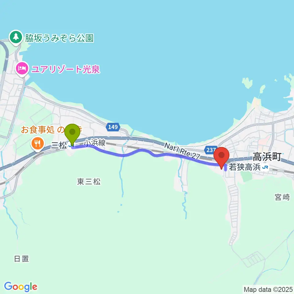 三松駅から高浜町文化会館へのルートマップ地図