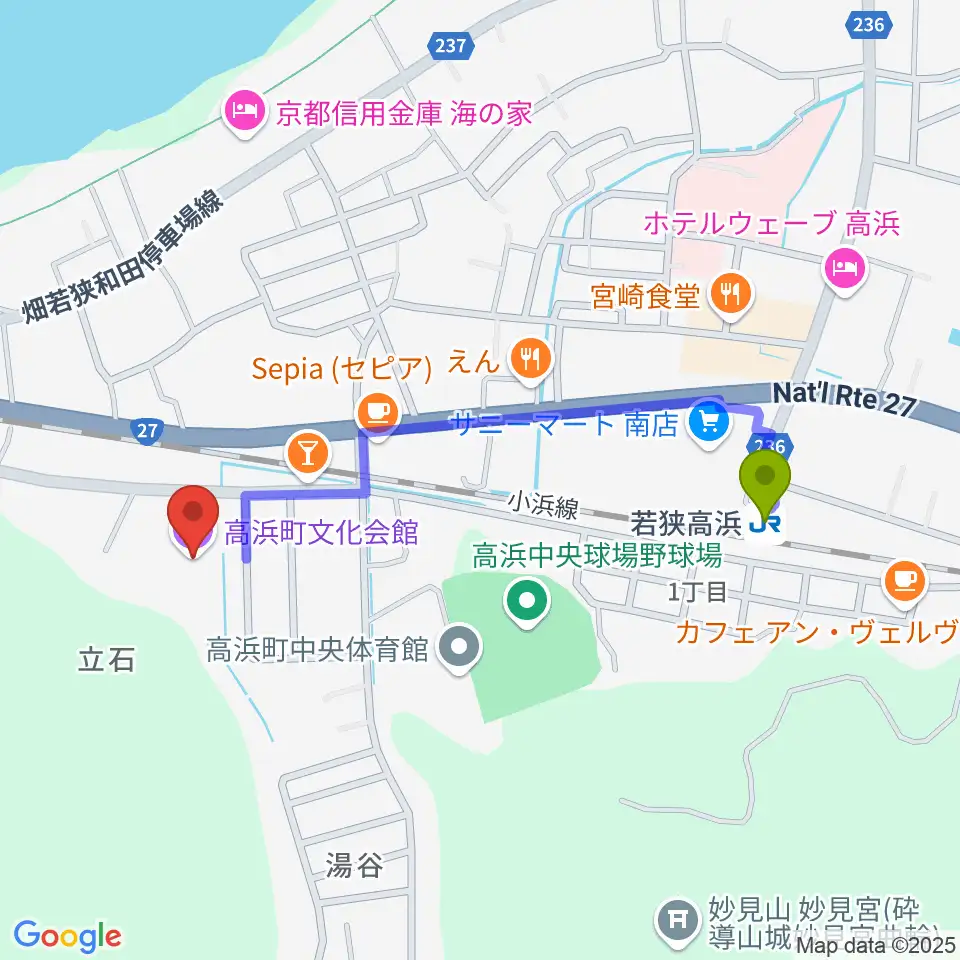 高浜町文化会館の最寄駅若狭高浜駅からの徒歩ルート（約9分）地図