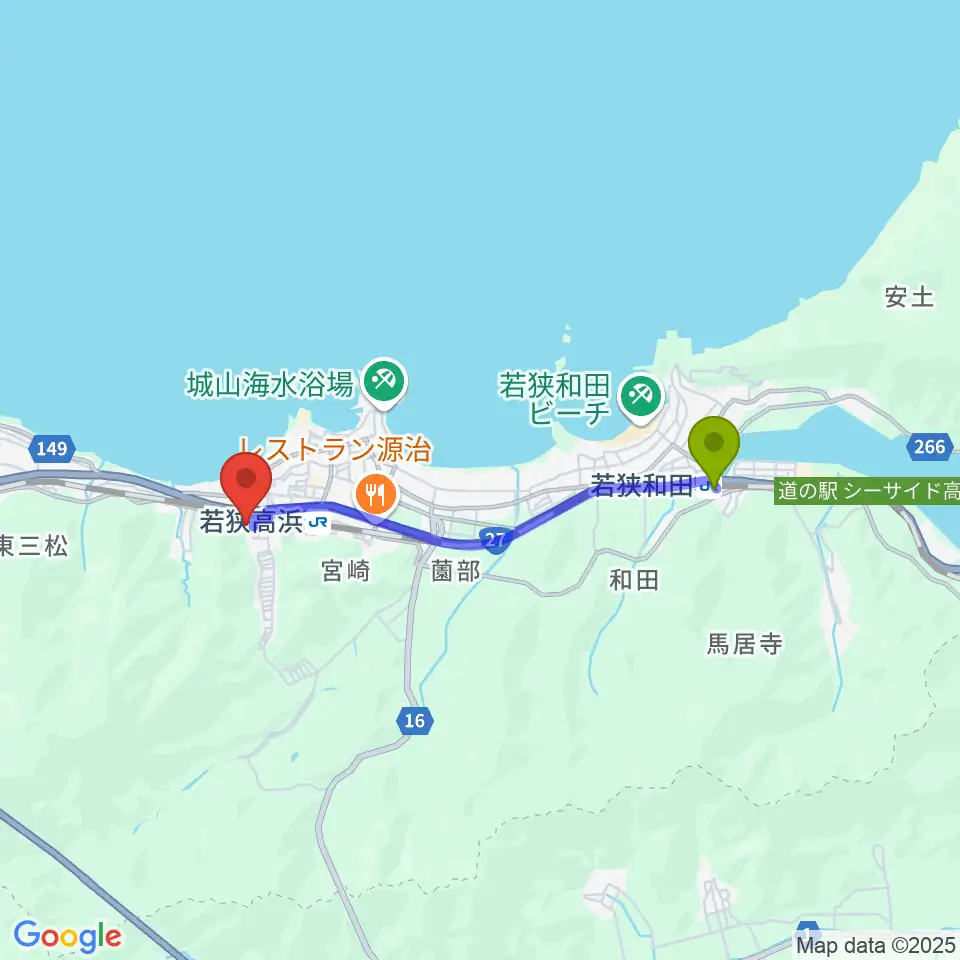 若狭和田駅から高浜町文化会館へのルートマップ地図