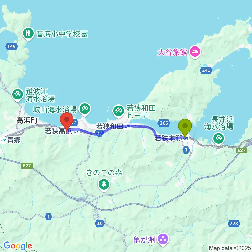 若狭本郷駅から高浜町文化会館へのルートマップ地図