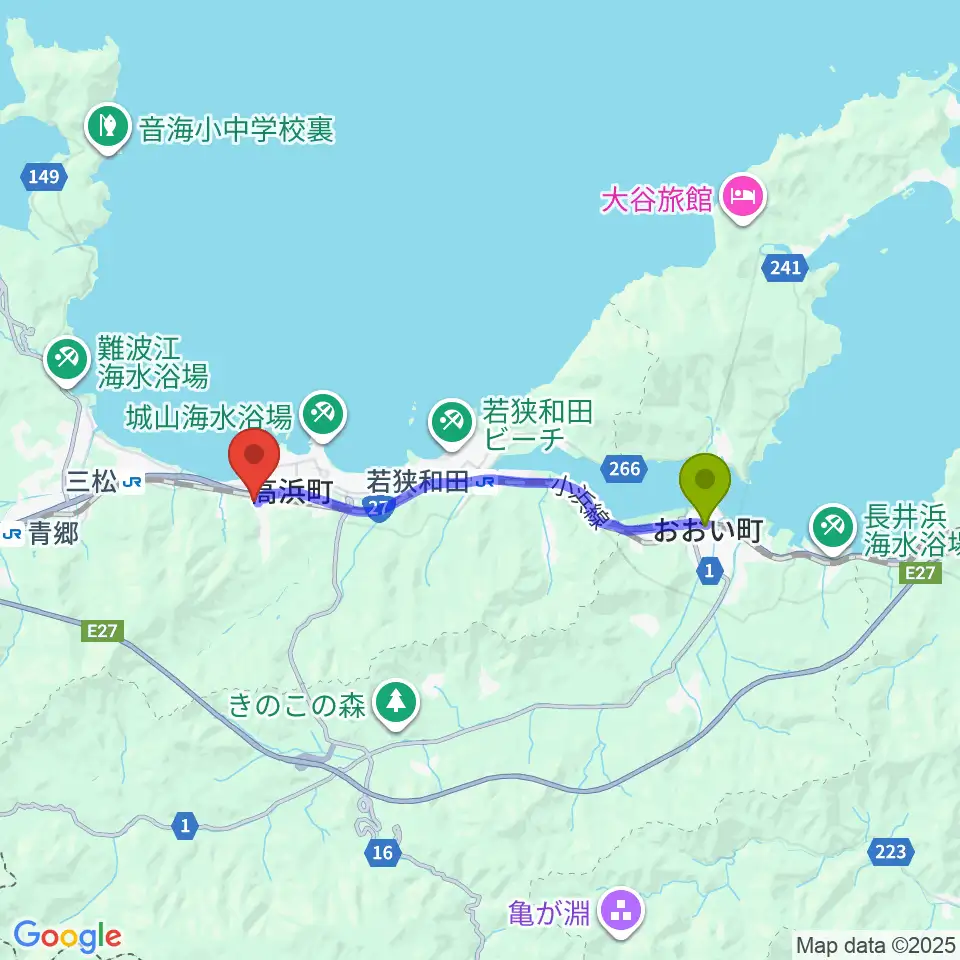 若狭本郷駅から高浜町文化会館へのルートマップ地図