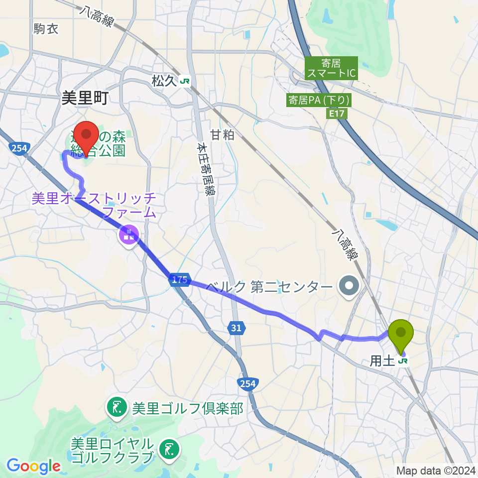 用土駅から美里町遺跡の森館へのルートマップ地図