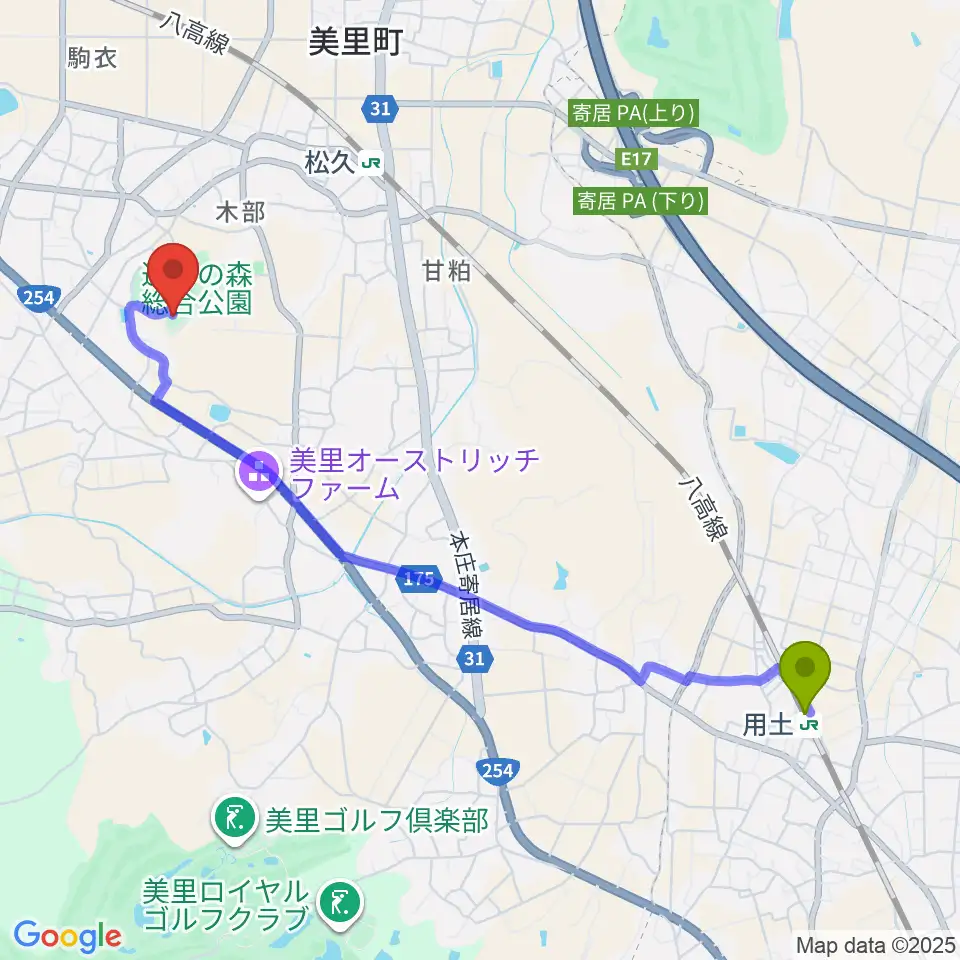 用土駅から美里町遺跡の森館へのルートマップ地図