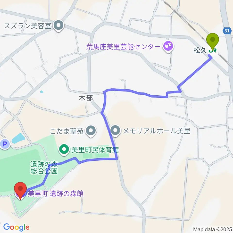 美里町遺跡の森館の最寄駅松久駅からの徒歩ルート（約16分）地図