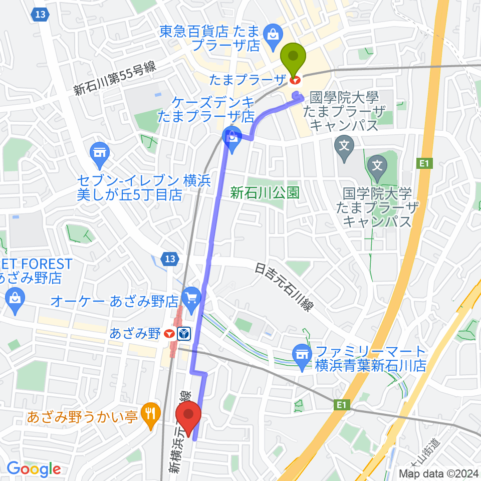 たまプラーザ駅からアートフォーラムあざみ野へのルートマップ地図
