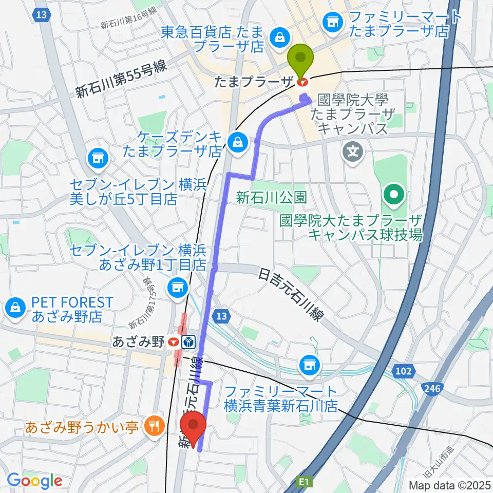 たまプラーザ駅からアートフォーラムあざみ野へのルートマップ地図