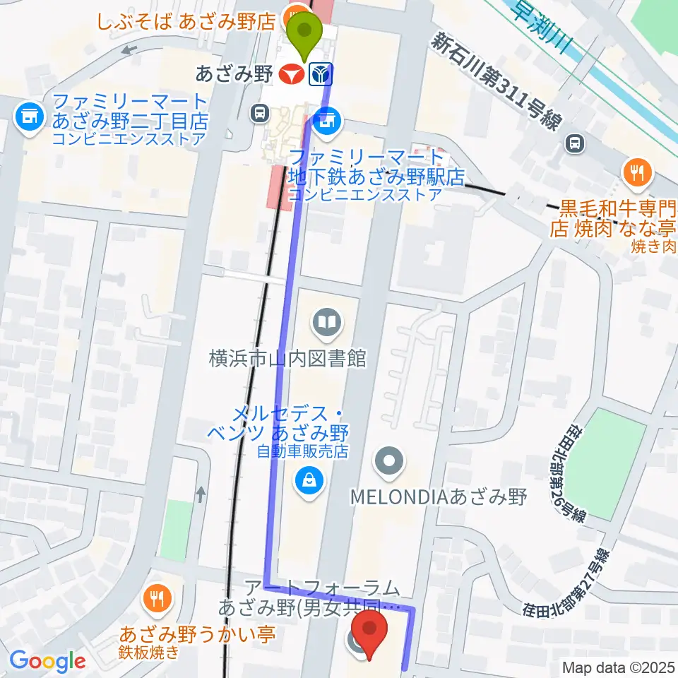 アートフォーラムあざみ野の最寄駅あざみ野駅からの徒歩ルート（約7分）地図