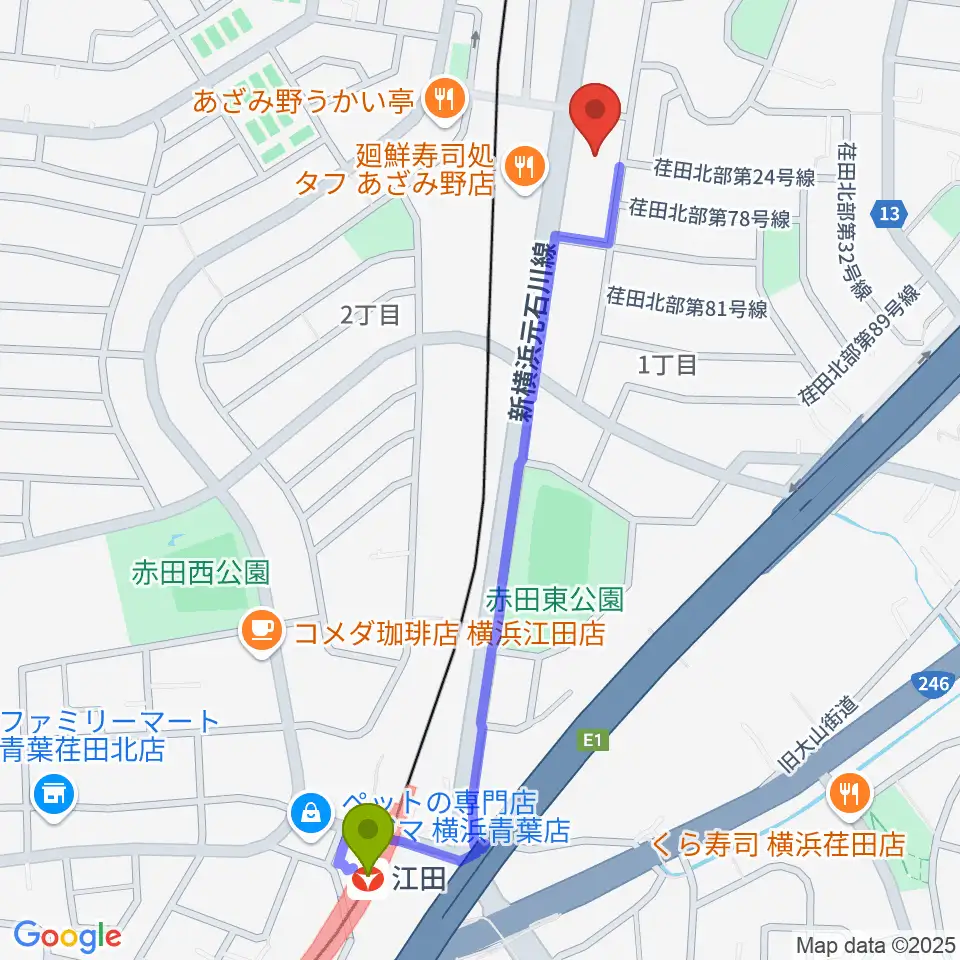 江田駅からアートフォーラムあざみ野へのルートマップ地図