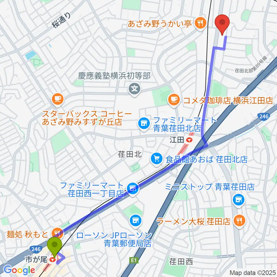 市が尾駅からアートフォーラムあざみ野へのルートマップ地図